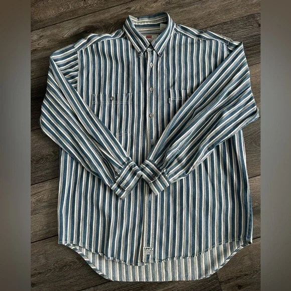 Levi’s 90s Blue Striped Button-Up Shirt | Authentic Jeanswear Rare Vintage Find - Picture 8 of 14